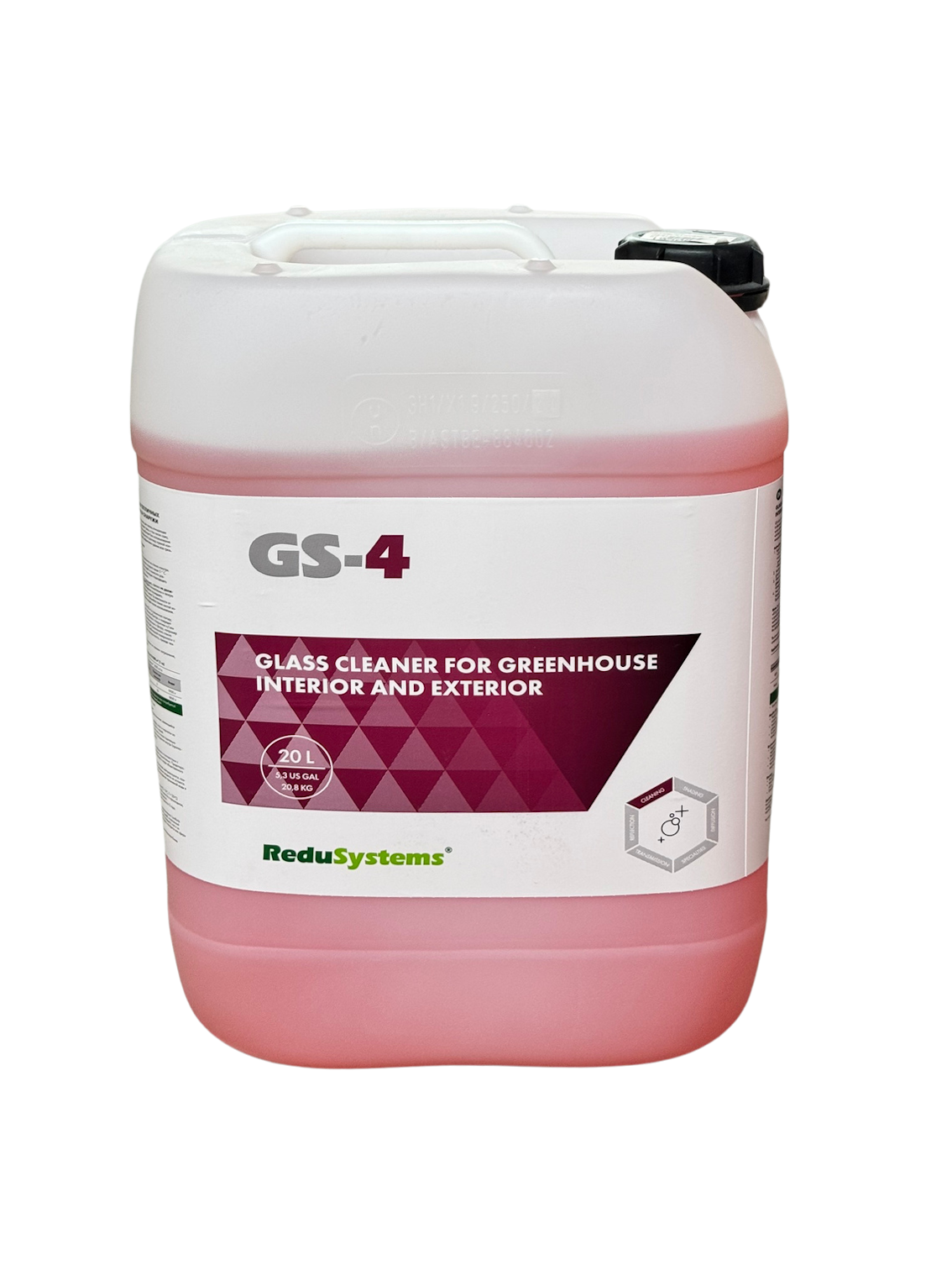 20-Liter-Kanister GS-4 Glass Cleaner von ReduSystems mit roter Reinigungsflüssigkeit für Gewächshausglas