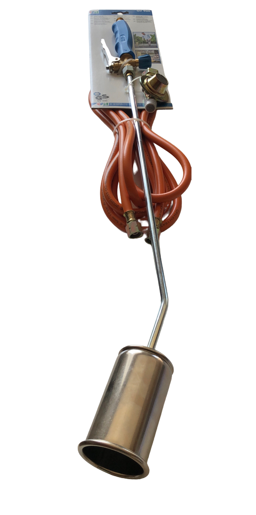 Abflammgerät PZ 6500 mit langem Handrohr aus verchromtem Stahl, robuster Messing-Brennerdüse, ergonomischem Kunststoffgriff und angeschlossenem Gashochdruckschlauch