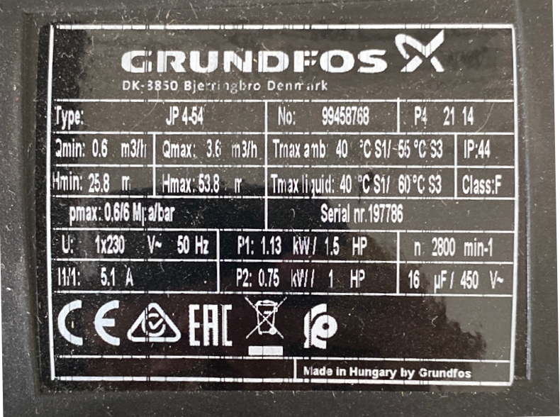 Gartenpumpe Grundfos JP4-54, 230 Volt