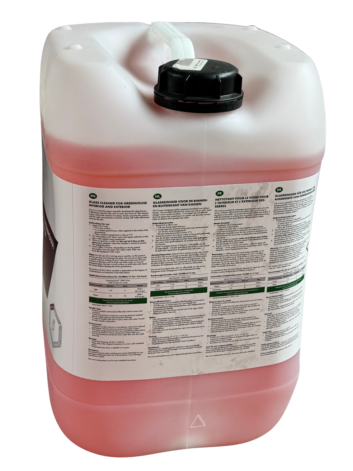 20-Liter-Kanister GS-4 Glass Cleaner von ReduSystems mit roter Reinigungsflüssigkeit für Gewächshausglas