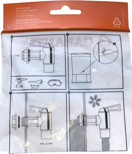 Auslaufhahn mit 3/4 Zoll Außengewinde und Flachdichtung zur Tankmontage - Verpackung